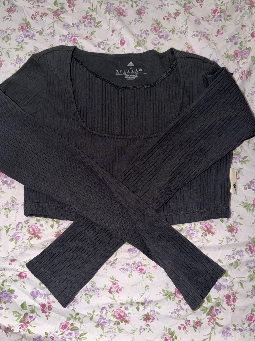 adidas Black Ribbed Long-Sleeve Cropped Top